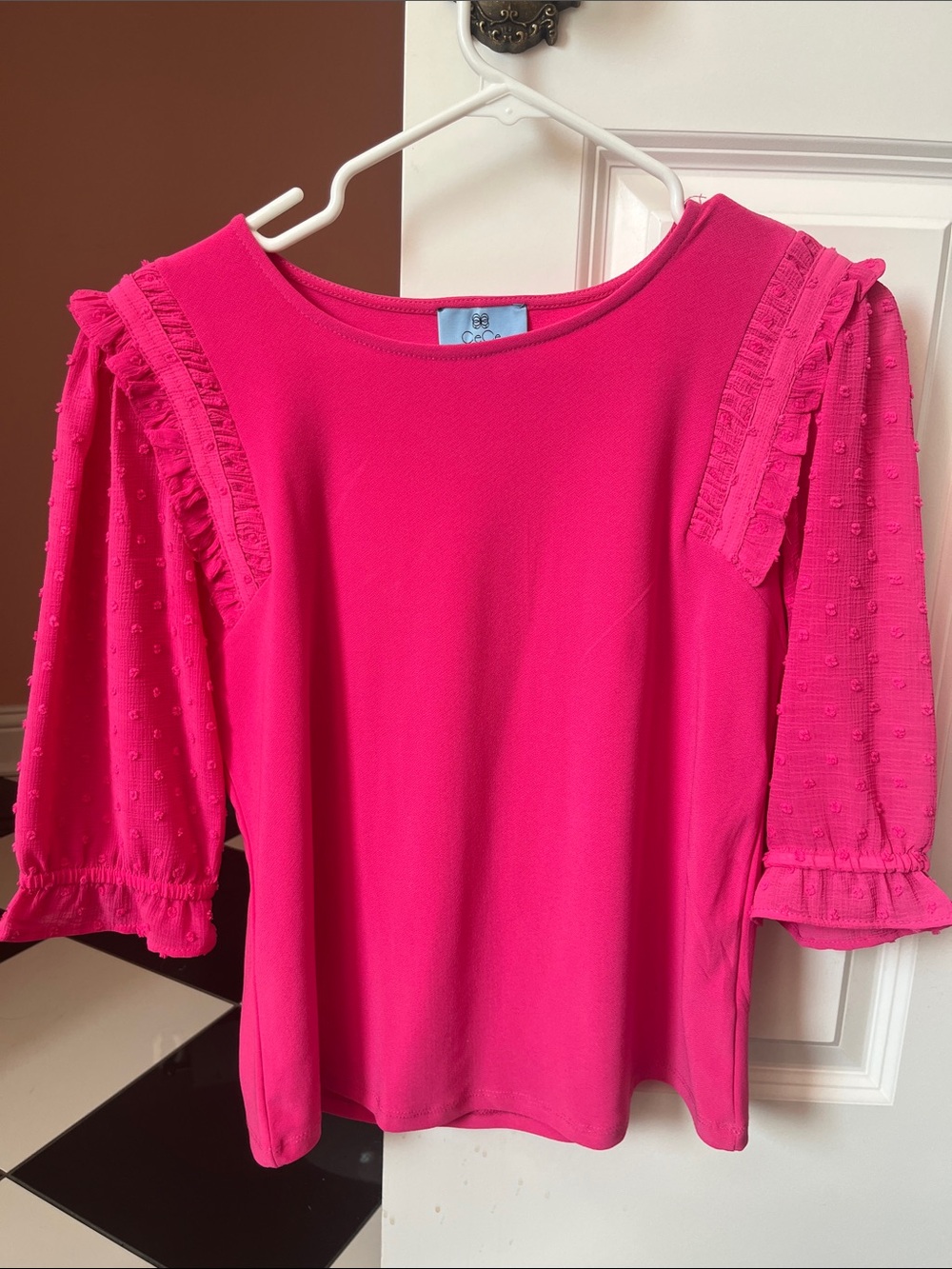 CeCe Hot Pink Ruffle & Swiss Dot Sleeve Blouse